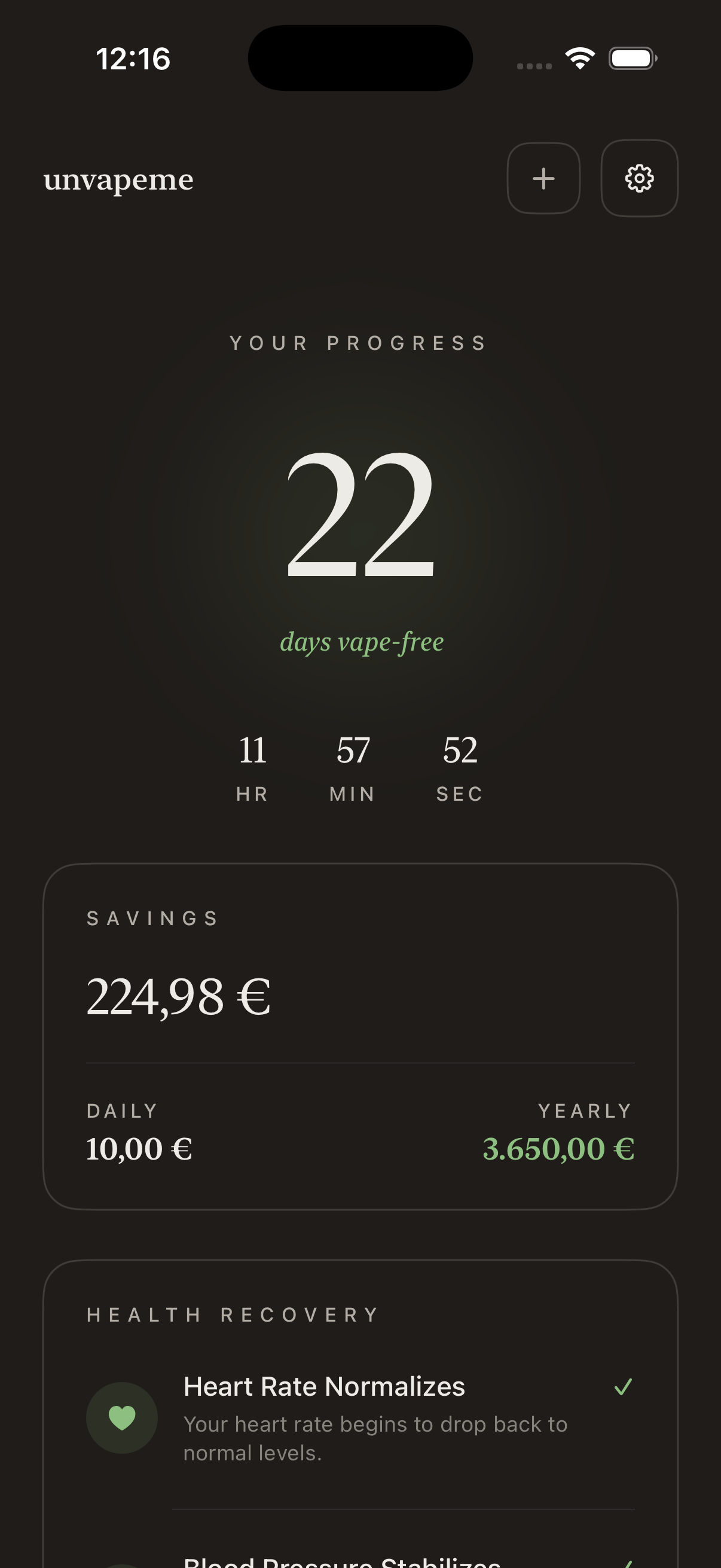 UnVapeMe dashboard showing 22 days vape-free, savings tracker, and health recovery progress