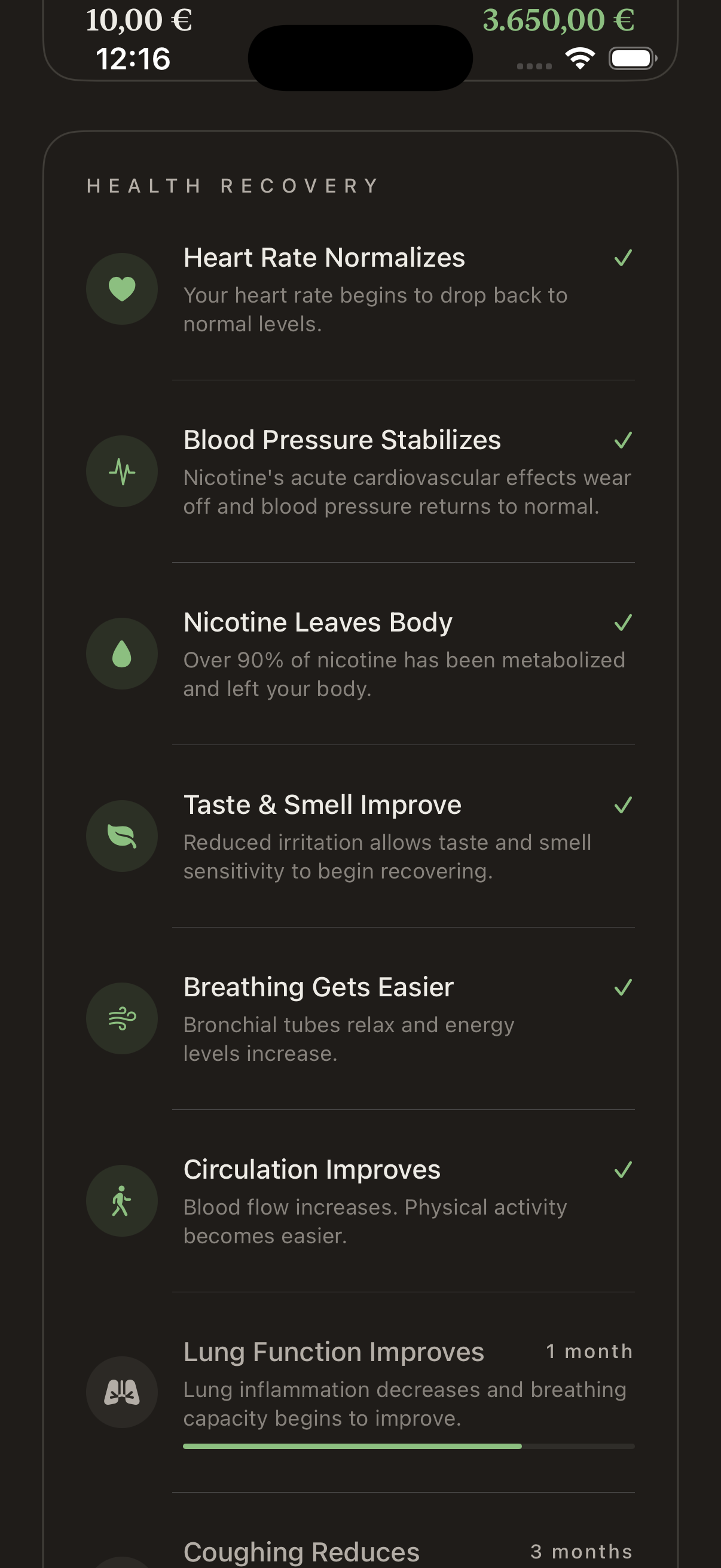 Health recovery timeline showing milestones like heart rate normalizing and nicotine leaving the body