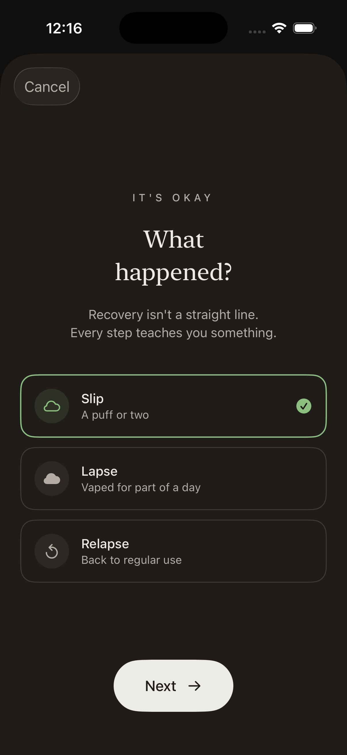 Compassionate slip logging screen with options for slip, lapse, or relapse