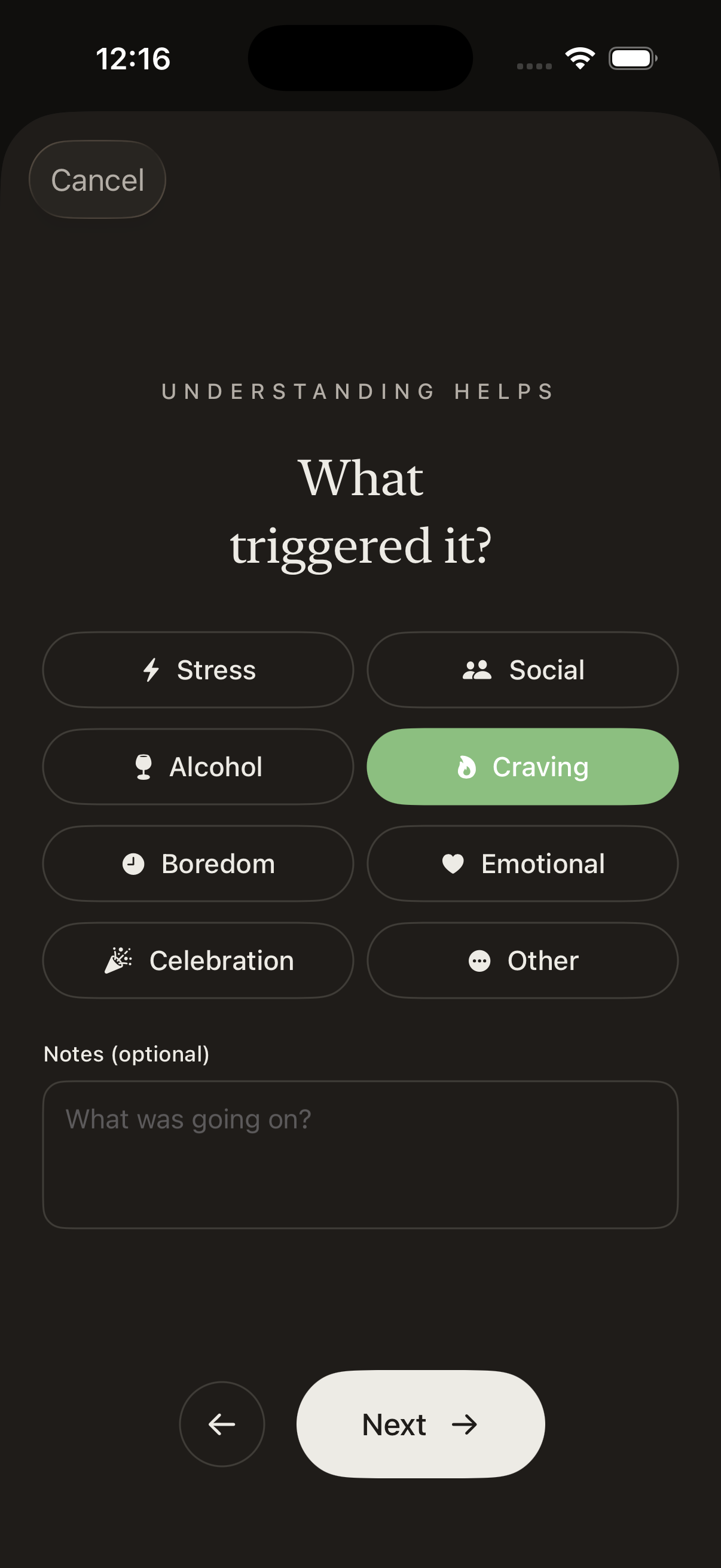 Trigger identification screen with options like stress, social, craving, and emotional